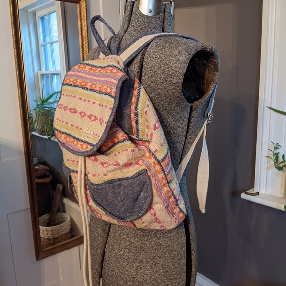 Boho embroidered backpack with denim details and drawstring - Picture 6 of 8